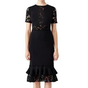 Sachin + Babi Flutter Lace Dress Short Sleeve Ruffle Hem Sheath Midi Black XS